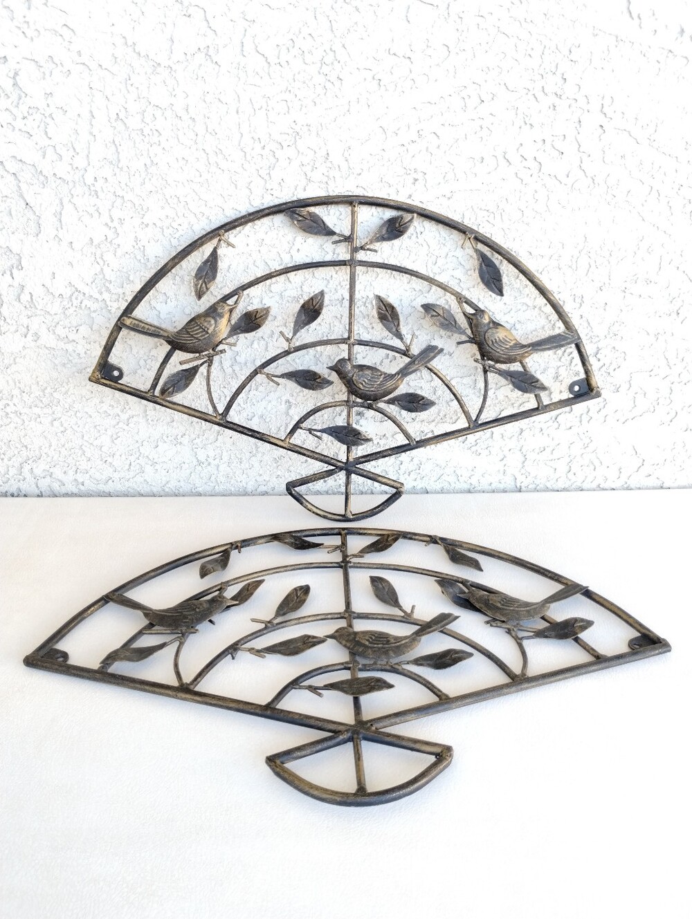 Decorative Bird Fan Wall Art Antique Black and Gold Hollywood Regency - Set Of 2